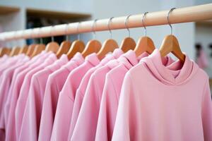 Pink hooded sweatshirts hanging on a hanger. AI Generated photo