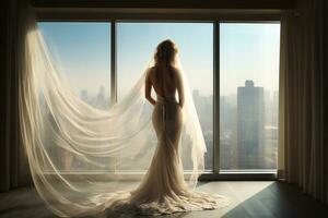 A bride in a wedding dress and with a veil is standing near a large window. AI generated photo