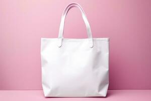 Mock-up of a white bag with handles on a pink background. AI Generated photo