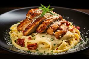 Chicken breast dish with dried tomatoes, parmesan cheese and heavy cream with spaghetti. AI Generated photo