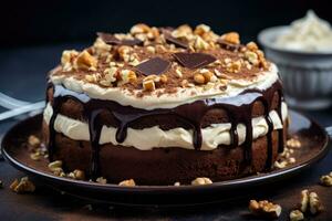 Round chocolate cake with cream and nuts . Pieces of chocolate and nut crumbs on a birthday cake. AI generated photo