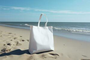 A white bag with handles stands on the beach on the sand. AI generated photo