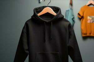 A black children's sweatshirt with a hood and a pocket hangs in the children's room. AI generated photo