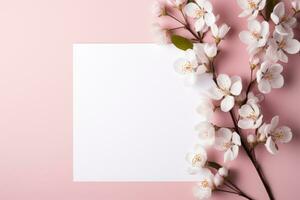 A white postcard with a flower branch lies on a pink background, a place for text. AI Generated photo