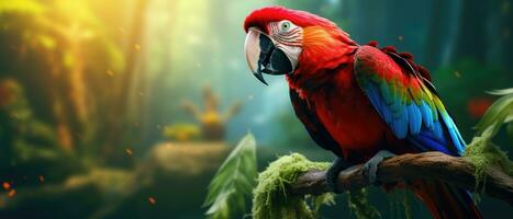 Banner with a multicolored parrot. AI-Generated photo