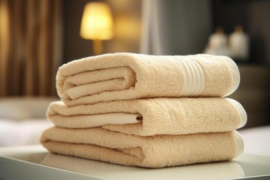 A set of folded beige towels. AI-Generated photo