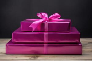 rosado regalo cajas con cintas en un rosado antecedentes. ai generado foto