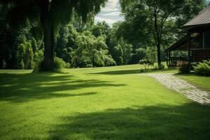 Green lawn grass on the plot near the house. AI generated photo