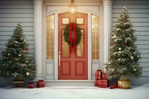A Christmas wreath is hanging on the front door. AI Generated photo