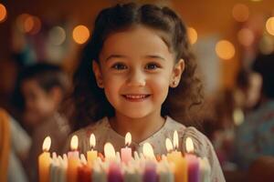 contento niña golpes fuera velas en un cumpleaños pastel. generado por ai foto