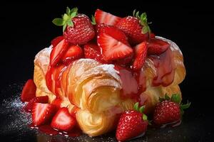 Croissant in the shape of a cube stuffed with strawberries with jam and syrup. AI generated photo