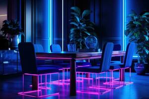 Dining area with neon lighting. AI-Generated photo