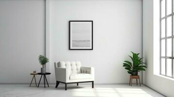 Interior of a room with an armchair and a frame on the wall. AI-Generated photo