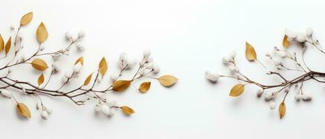 White banner with autumn flowers on a branch. AI-Generated photo