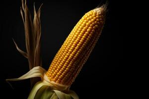 Photo of fresh corn on the cob on a dark background. AI generated