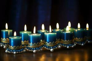 Close-up of a beautifully lit Hanukkah menorah. Hanukkah decoration with candles. AI generated photo