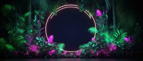 Banner with neon frame and tropical plants. AI-Generated photo