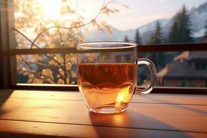 A glass cup of tea stands near the window. AI Generated photo