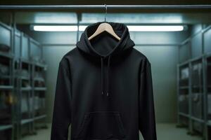 A black sweatshirt with a hood hanging on a hanger. AI generated photo