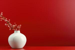 White round vase with a flower on a red wall background. AI Generated photo