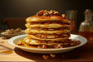 Honey pours on pancakes with nuts. AI generated photo