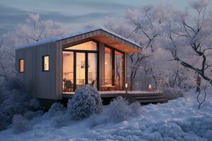 un pequeño acogedor casa con grande ventanas en invierno en el nieve. generado por ai foto