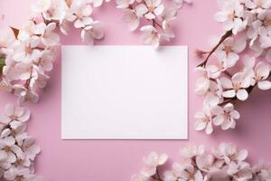 A white postcard with a flower branch lies on a pink background, a place for text. AI-Generated photo