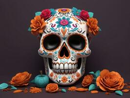 A Skull With Flowers And Roses On It. AI Generated photo