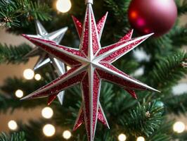 A Red And White Star Orname On A Christmas Tree. AI Generated photo