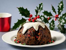 un plato con un Navidad pudín en él. ai generado foto