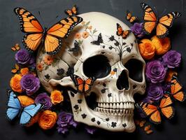 un cráneo con mariposas y rosas en él. ai generado foto