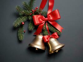Christmas Bells With Red Ribbon And Holly On Black Background. AI Generated photo