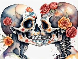Two Skulls With Roses And Watercolors. AI Generated photo