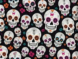 azúcar calaveras tela por dechado en cucharaflor personalizado tela. ai generado foto