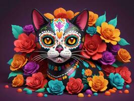 A Cat With Colorful Sugar Skulls And Roses. AI Generated photo