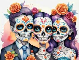 Two Sugar Skulls With Roses. AI Generated photo