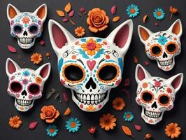 A Group Of Skulls With Colorful Flowers And Leaves. AI Generated photo