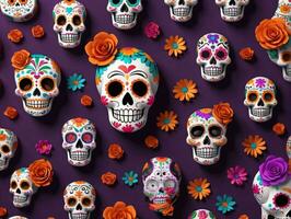 Colorful Sugar Skulls And Flowers. AI Generated photo