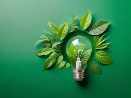 Green Light Bulb With Leaves Inside. AI Generated photo