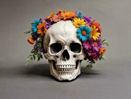 un cráneo con flores en sus cabeza. ai generado foto