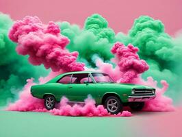 un verde coche con rosado fumar viniendo fuera de él. ai generado foto