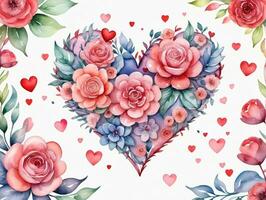 Watercolor Roses And Hearts. AI Generated photo