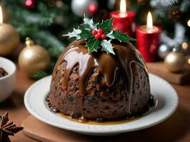 A Christmas Pudding On A Plate With A Candle In The Background. AI Generated photo