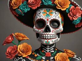 A Woman With A Mexican Skull Face And Flowers. AI Generated photo