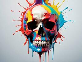 A Skull With Colorful Paint Spering On It. AI Generated photo