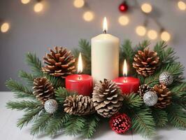 Christmas Candles And Pine Cones With Pine Cones And Pine Cones. AI Generated photo