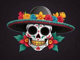 A Skull Wearing A Sombrel With Roses And A Sombrel Hat. AI Generated photo