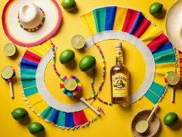 un botella de tequila y un Paja sombrero en un amarillo antecedentes. ai generado foto