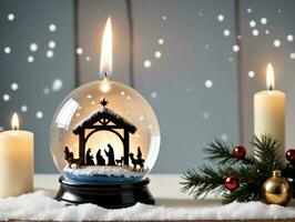 Christmas Snow Globe With Nat Scene And Candles. AI Generated photo