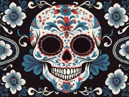 A Skull With Red And Blue Flowers On A Black Background. AI Generated photo